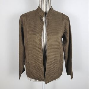 Eileen Fisher Small 100% Silk Olive Brown Textured Blazer With Pockets
